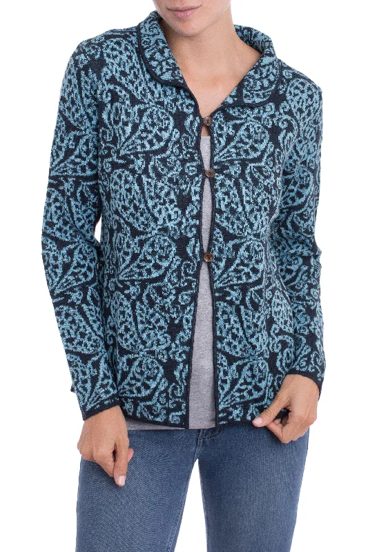 cardigan trendy white -Paisley Elegance in Cerulean Alpaca Blend Cardigan with Cerulean Paisley Motifs from Peru