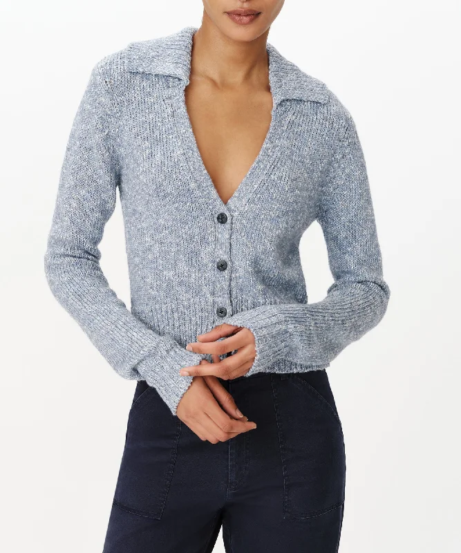 cardigan relaxed chic -Cotton Blend Collared Cardigan - Pastel Blue Marl