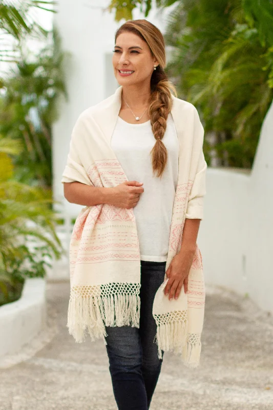 cardigan hip cotton -Pink Stars of Teotitlan Pink and Creamy Cotton Handwoven Zapotec Shawl