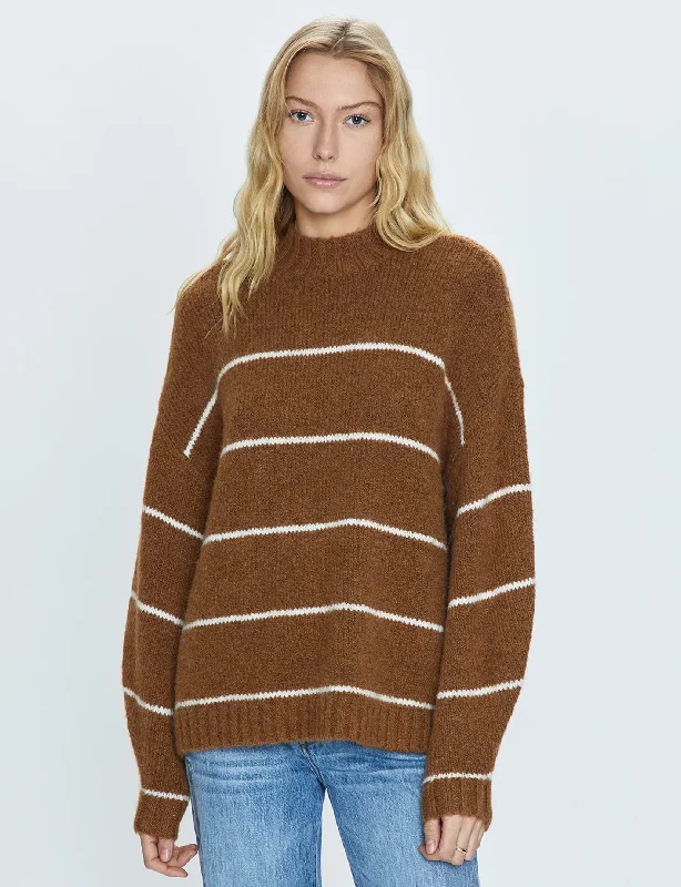 cardigan classy pink -Carlen Mock Neck Sweater, Caramel/White Stripe