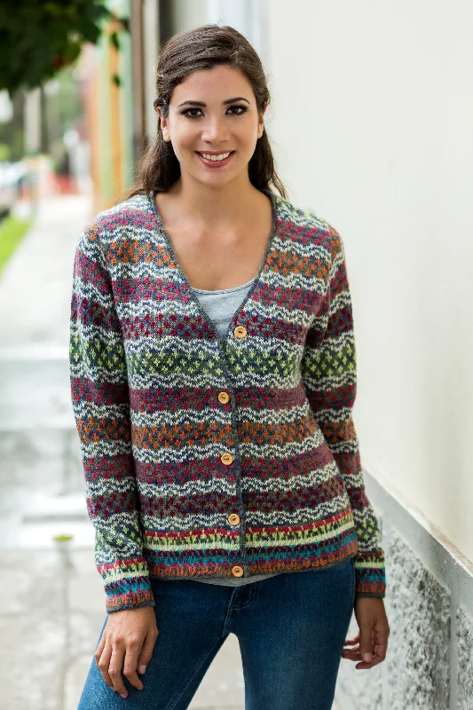 cardigan heated grey -Rainbow Mist V-neck Alpaca Cardigan with Cedar Buttons