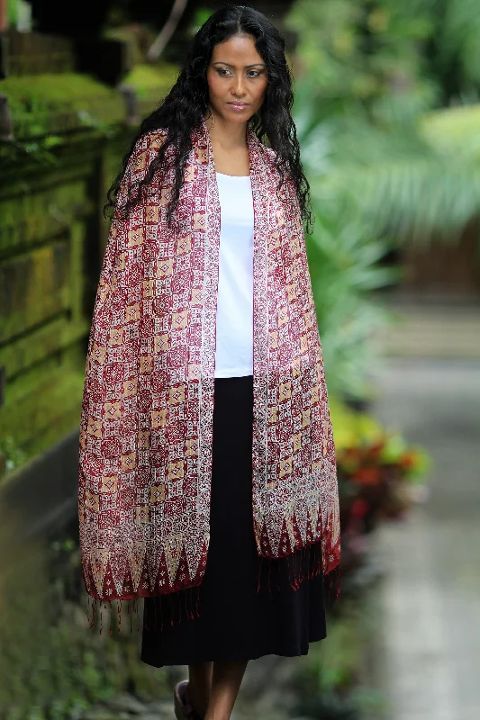 cardigan crisp sweater -Red Lotus Floral Hand Crafted Batik Silk Shawl