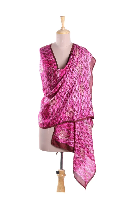 cardigan flowing alpaca -Rosy Leaves Red with Brown Leaf and Tree Hand Printed 100% Silk Shawl