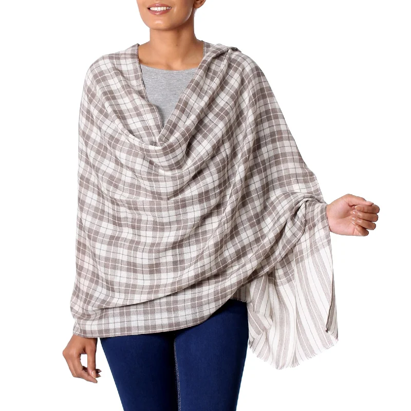 cardigan laidback black -Salient Paths Wool Shawl from India Grey Checkered Pattern over Cream