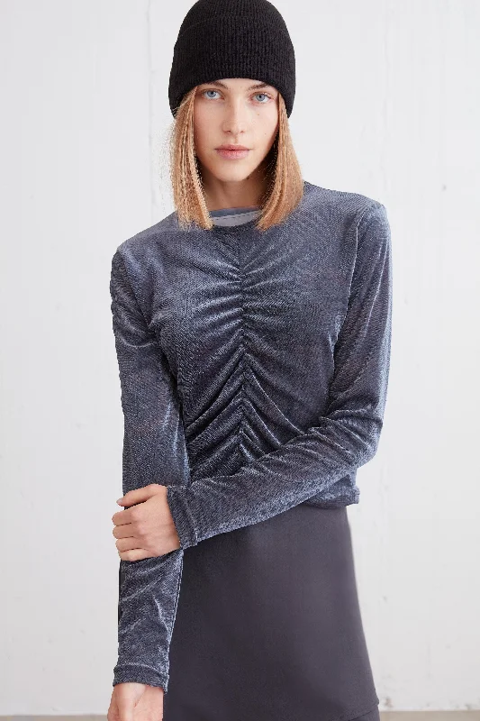 cardigan heated fabric -SHINY TOP WITH FRONT GATHER DETAIL