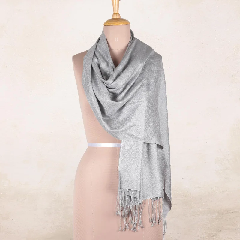 cardigan ribbed cuffs -Silver Nights Pure Silk Shawl in Silver Grey from India