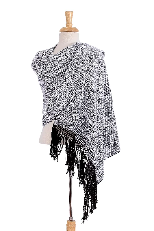 cardigan chill cotton -Striped Diamonds in White Handwoven White and Black Zapotec Cotton Rebozo Shawls