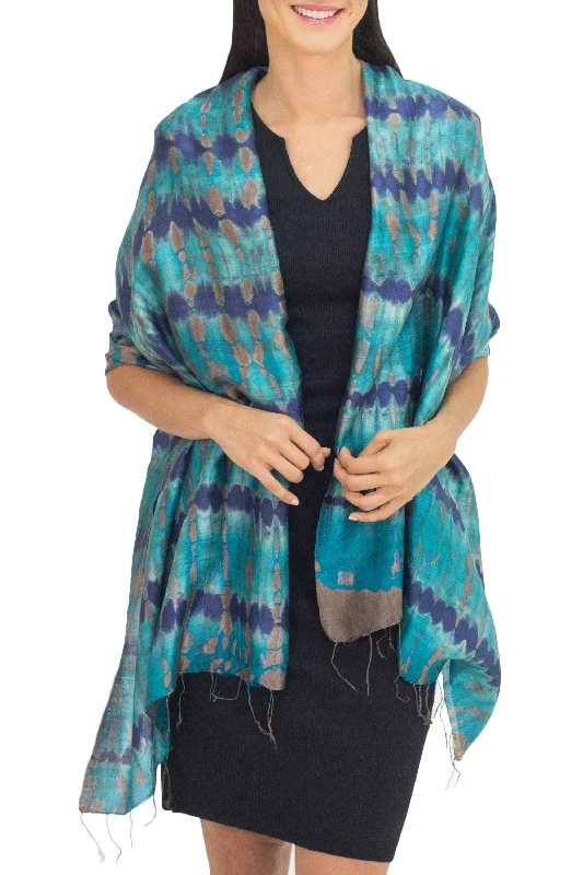 cardigan cuddly cashmere -Teal Reflecting Pools Thai Artisan Crafted Teal and Blue Tie Dyed Silk Shawl