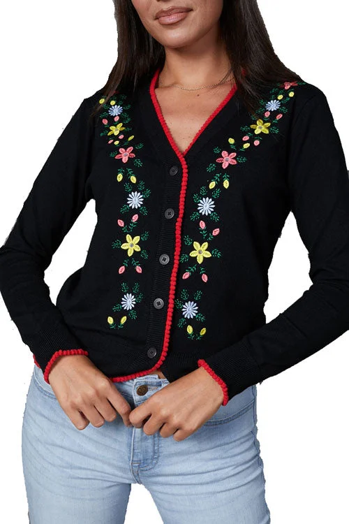 cardigan silky cotton -Timeless London Floral Embroidered Cardigan in Black with Red Trim