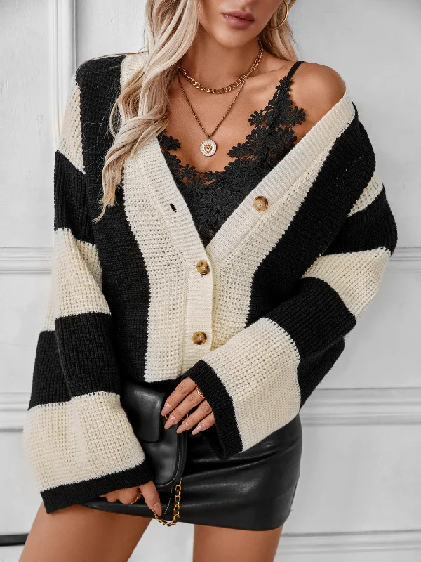 cardigan classy grey -Waffle-Knit V-Neck Striped Long Sleeve Cardigan