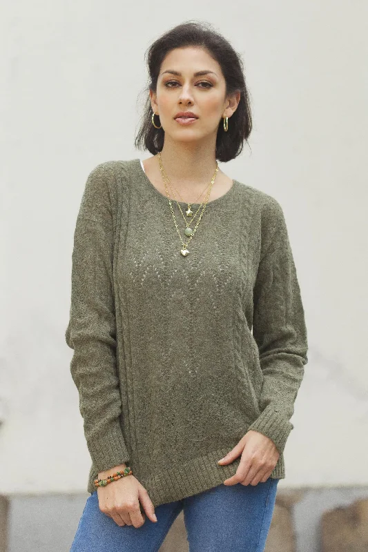 cardigan refined knit -Warm Charm in Olive Cable Knit Baby Apaca Blend Pullover in Olive from Peru