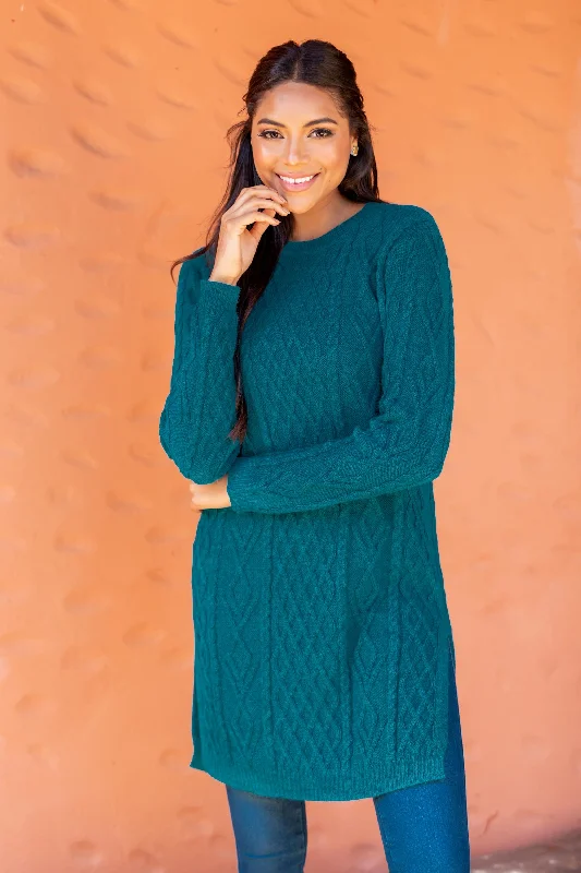 cardigan women’s chic -Winter Teal Baby Alpaca Teal Cable Knit Tunic Sweater Dress