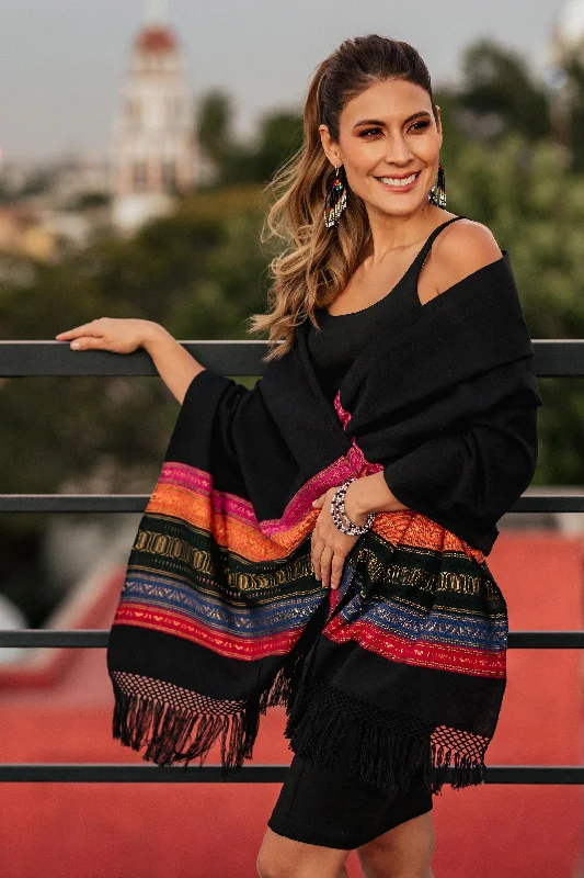 cardigan relaxed chic -Zapotec Night Splendor Black Zapotec Rebozo Shawl with Colorful Geometric Stripes