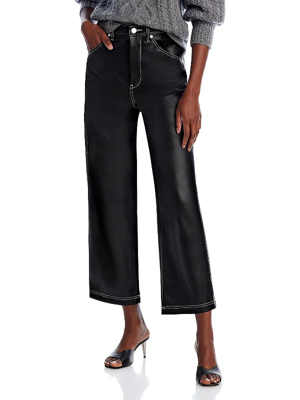 khaki utility pants versatile -Baxter Womens Faux Leather Cropped Straight Leg Pants