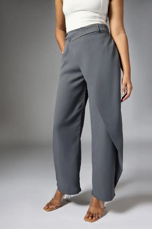 maroon culottes pants trendy -Frost Grey Wrap Front Korean Pants