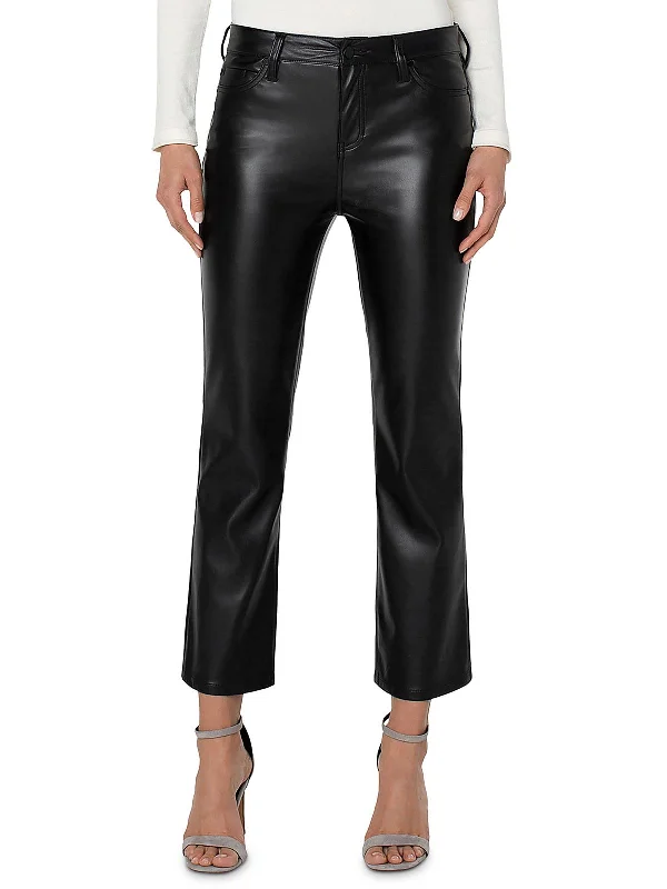 olive chino pants smart -Hannah Womens Faux Leather High Rise Flared Pants