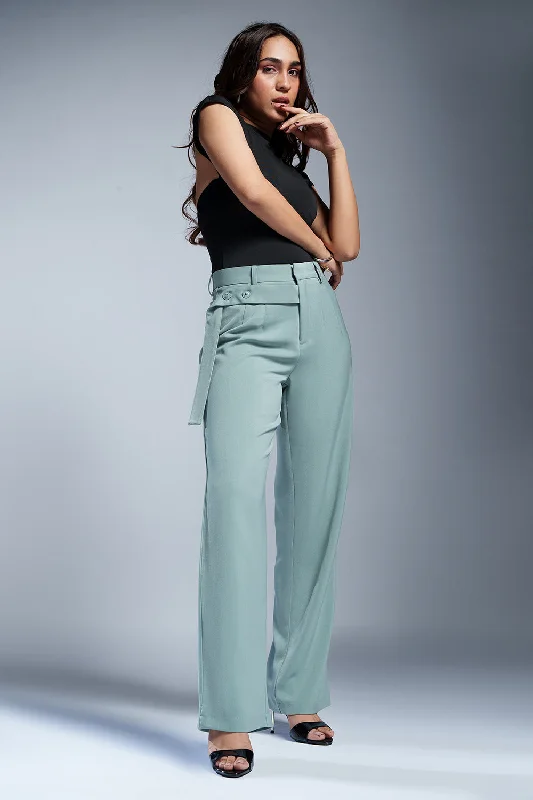 lilac wide leg pants elegant -Meadow Green Strap Detailed Korean Pants