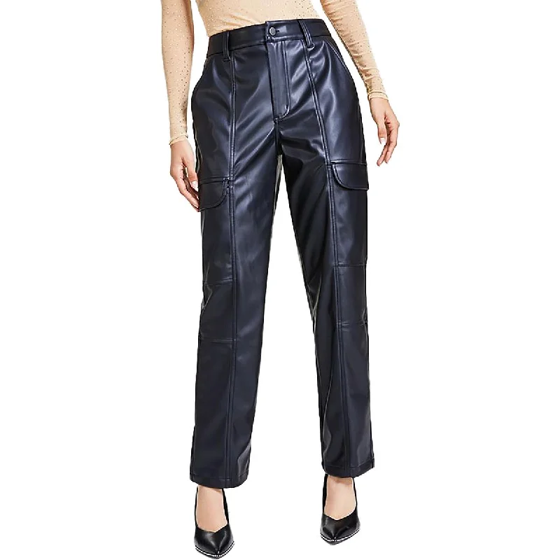 burnt orange twill pants bold -Petites Womens High Rise Faux Leather Cargo Pants