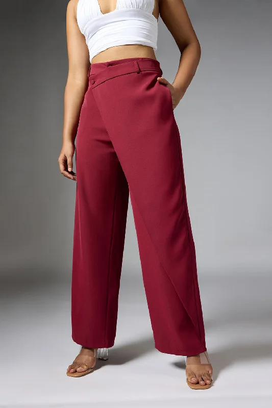 taupe track pants comfy -Intense Rust Red Wrap Front Korean Pants