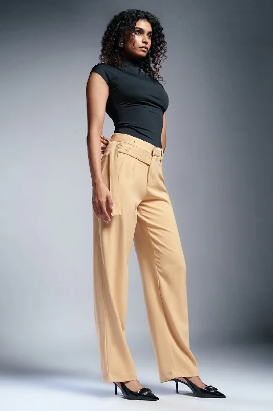 burnt orange relaxed fit pants casual -Sunlit Beige Strap Detailed Korean Pants