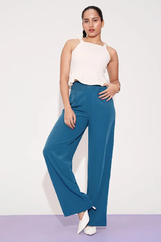 soft beige palazzo pants chic -Sydney Blue Pleated Double Button Korean Pants