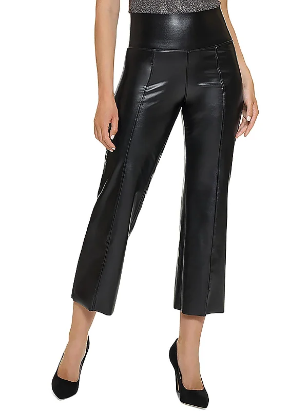 peach faux leather pants bold -Womens Faux Leather High Rise Flared Pants