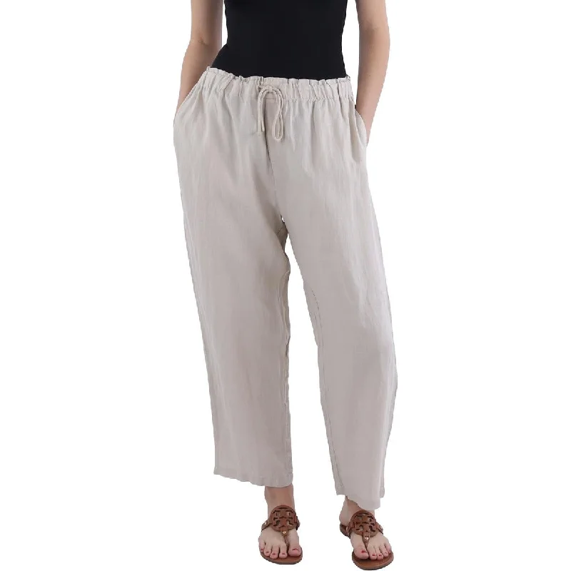 navy blue cigarette pants smart -Womens Linen High Rise Cropped Pants