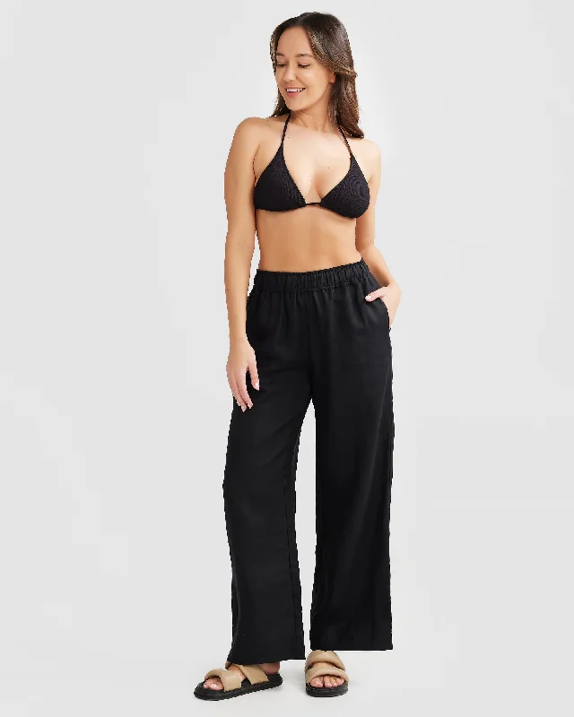 maroon stretch pants for gym -Black Linen Pants