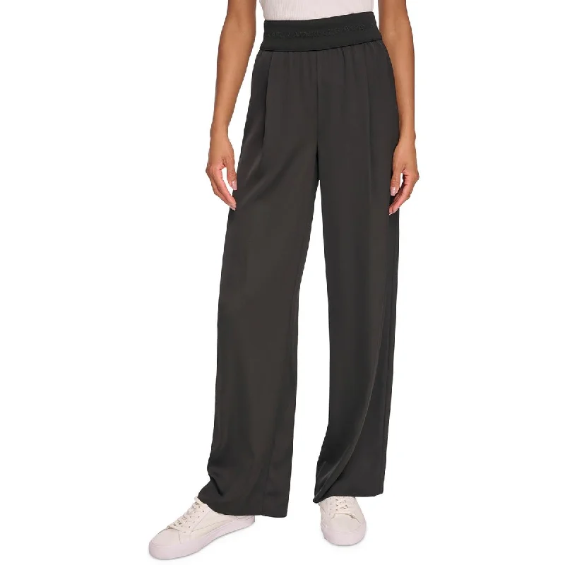 navy blue track pants comfy -Womens Logo Pleated Wide Leg Pants