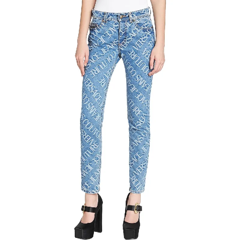 indigo high waisted pants vibrant -Womens Mid  Rise Monogram High-Waisted Jeans