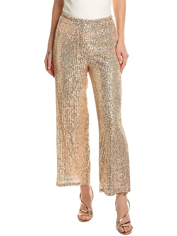 sage green cigarette pants sleek -Womens Sequined High Rise Wide Leg Pants