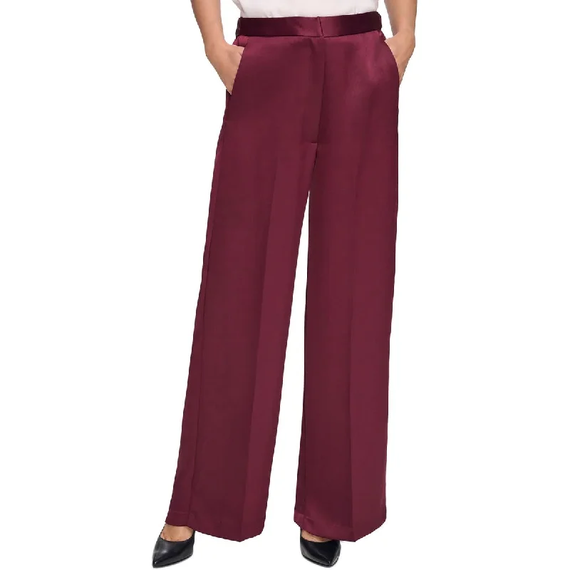 maroon track pants comfy -Womens Wide Leg Satin Wide Leg Pants